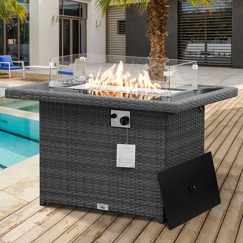 FINCATI 43" Outdoor 60,000 BTU Propane Fire Pit Table, Elegant Natural Gas Wicker Fire Pit, Patio Rectangular Fireplace