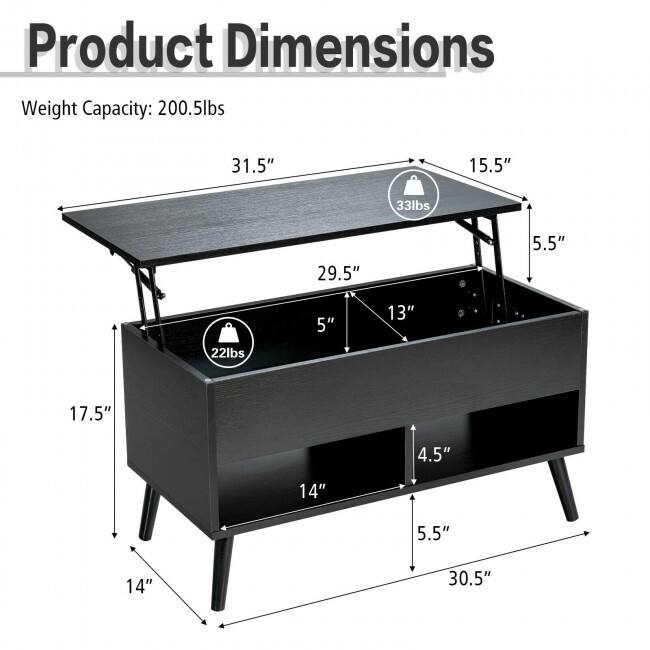 31.5 Inch Lift Top Coffee Table with Hidden Compartment and 2 Storage Shelves - 31.5" x 15.5" x 17.5" (L x W x H)