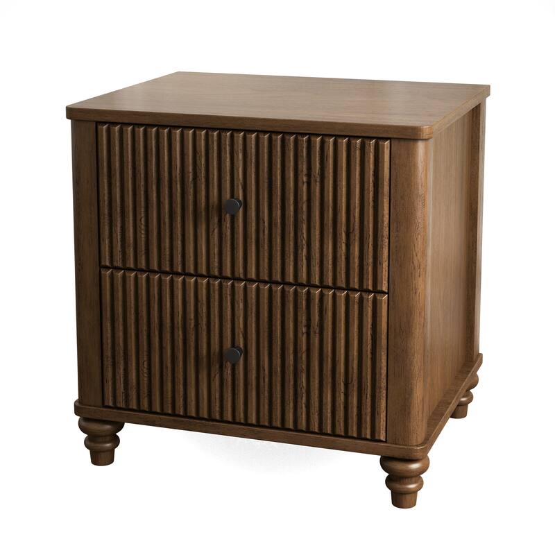 Modern Fluted Nightstand with 2 Large Drawers & 1 Hidden Drawer, Wood Bedside Tables for Bedroom, Retro Simple Style End Table