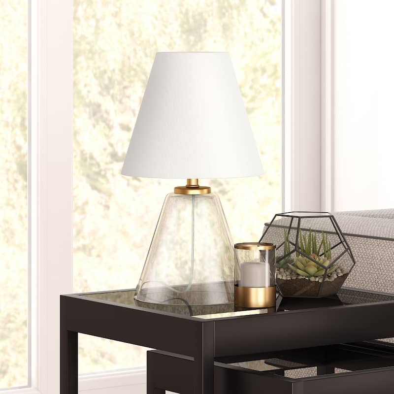 Clear Glass Geometric Table Lamp with White Drum Shade and Rocker Switch - 8” x 8” x 13.62” (D x W x H)