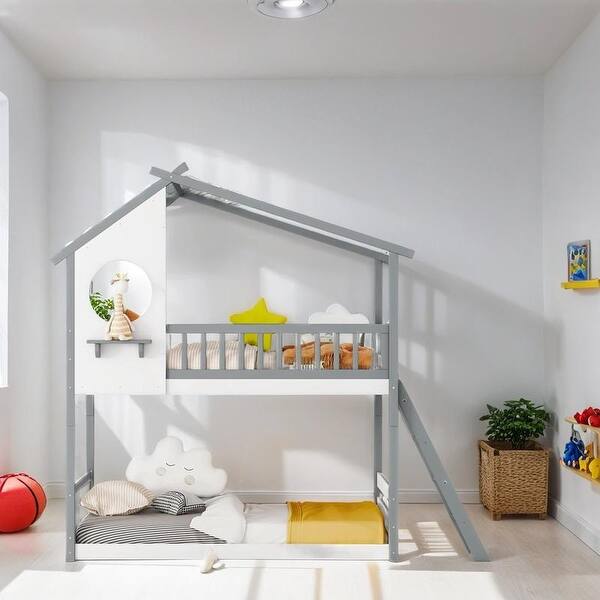 slide 2 of 18, Wooden Bunk Bed with Ladder, Guardrail, Roof and Window, Twin Over Twin Grey