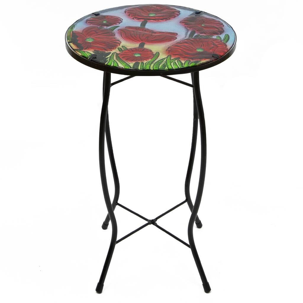 19" Red Floral Poppies Glass Patio Side Table