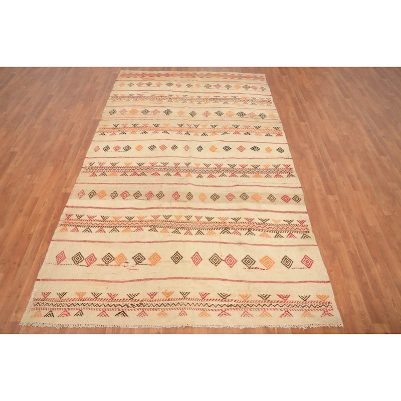 Hand Woven Oriental 100% Wool Carpet Southwestern Tribal Beige & Ivories Kilim Area Rug - 10' 1'' X 6' 1''