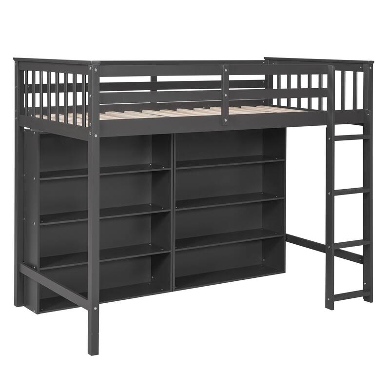 Loft Bed with All-in-One 8 Open Storage Shelf and 4 Step Ladder, Wood Loft Bed Slat Support for Kids Teens