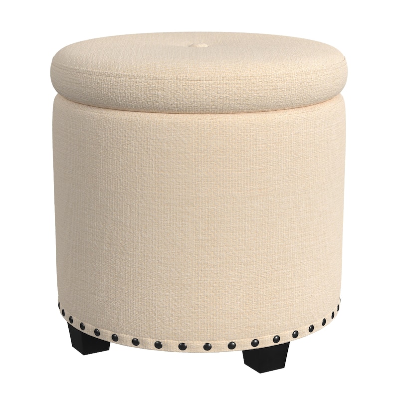 Zoya Storage Ottoman, 19 Inch Round Lift Top, Beige Woven Fabric