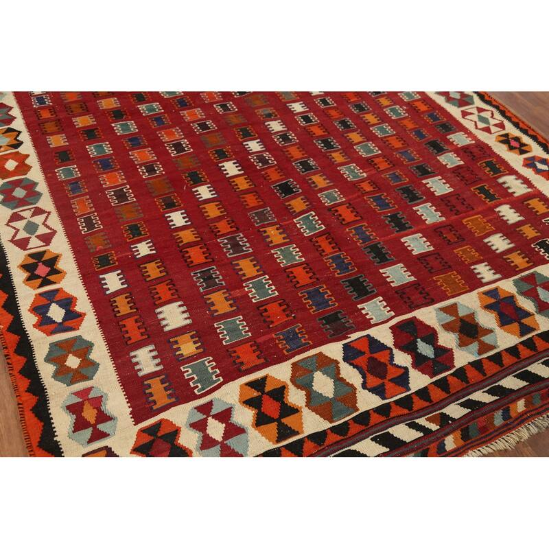 Vegetable Dye Tribal Kilim Qashqai Persian Vintage Wool Carpet - 5'9"x 9'7"