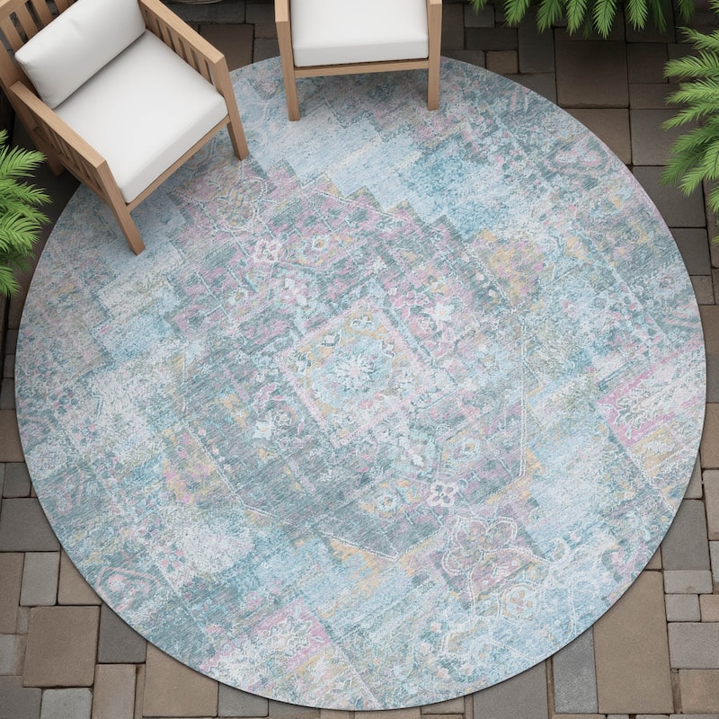 Machine Washable Indoor/Outdoor Traditional Global Chantille Rug - Blue - 8' x 8'