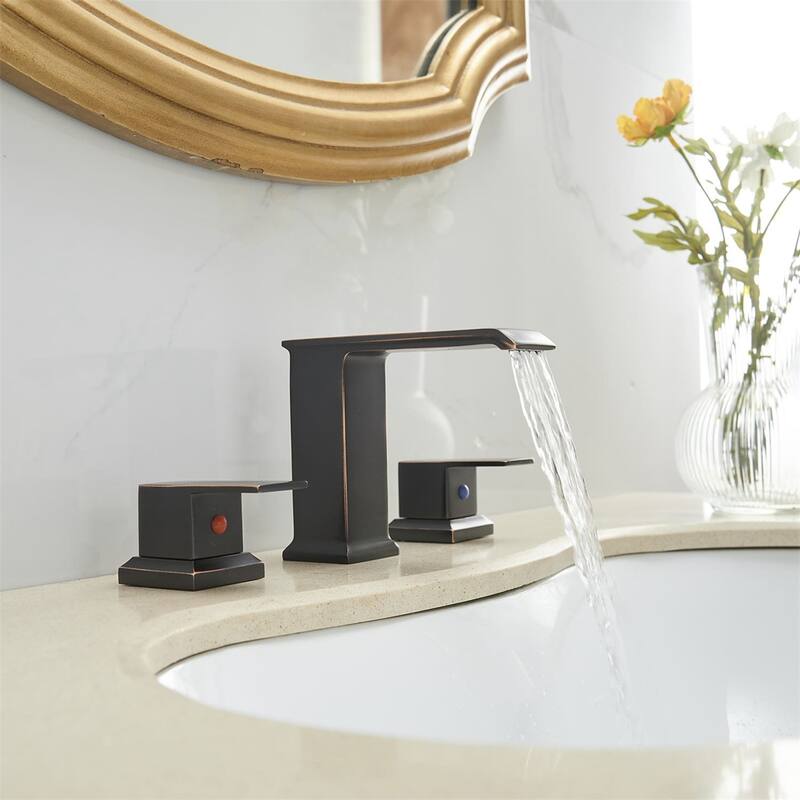 Waterfall Widespread Bathroom Faucet With Drain Assembly 3 Hole Bathroom Sink Faucets Double Handle 8 Inch Basin Vanity Taps