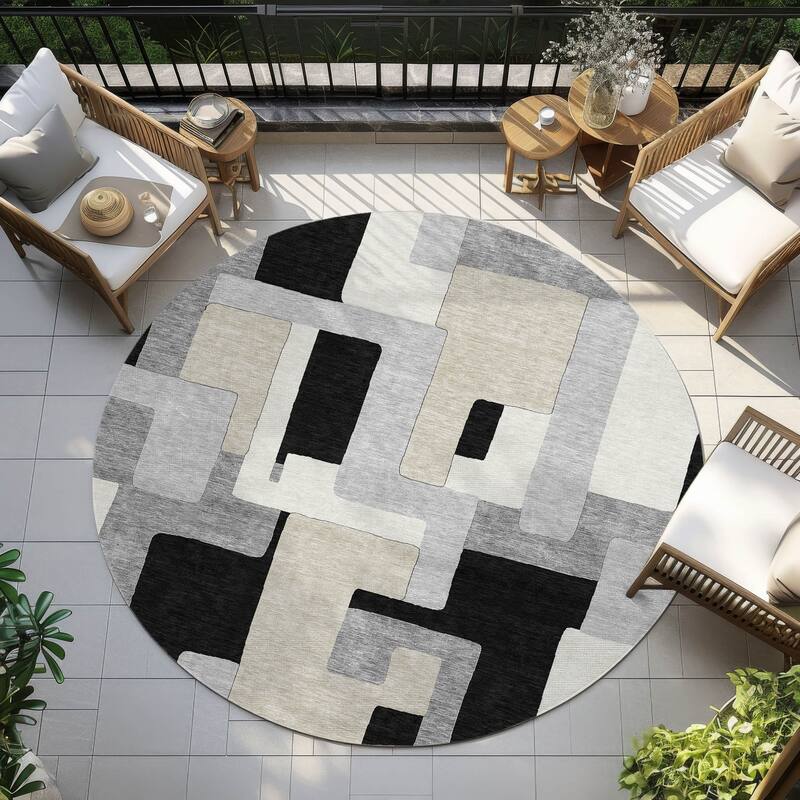 Machine Washable Indoor/ Outdoor Contempoary Blocks Chantille Rug - Black - 8' x 8'