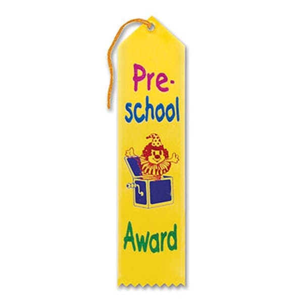 Pack of 6 Yellow “Pre-School Award” School Award Ribbon Bookmarks 8" - N/A