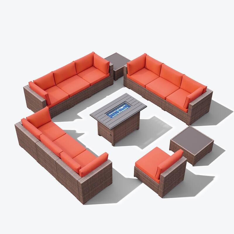 13 Piece Wicker Set Patio Sofa Furniture with Fire Pit And Table