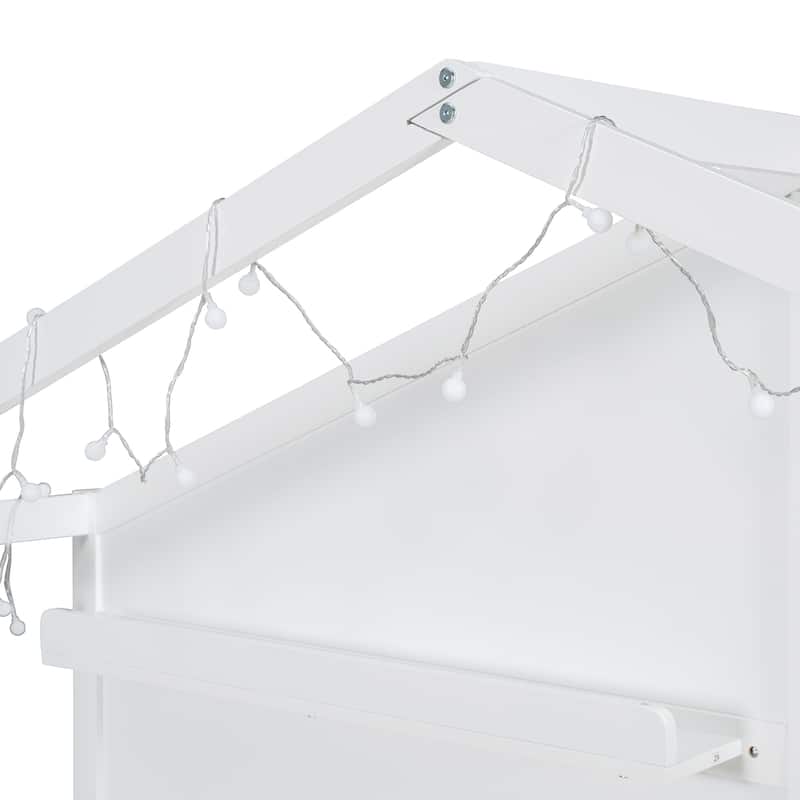 Twin Size House Bed with Upholstered Sofa, Charging Station, Wireless Charging, Shelves, and Drawers