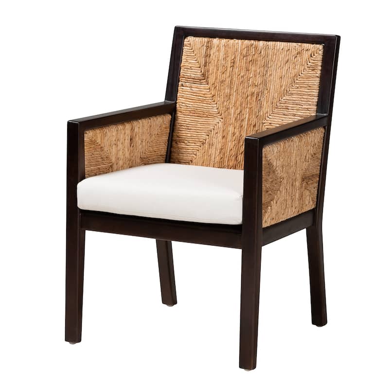 Joana Modern Bohemian Dark Brown Mahogany Wood and Natural Abaca Dining Arm Chair - Dark Brown, Natural Brown, White