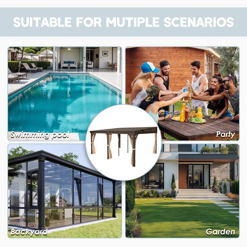 12x16 ft Rectangle Gazebo Sloping Galvanized Steel Roof Hardtop Gazebo with Curtains and Netting