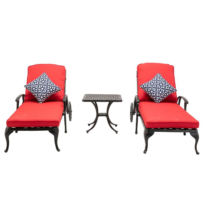 3-Piece Aluminum Reclining Outdoor Chaise Lounge with Table and Cushions