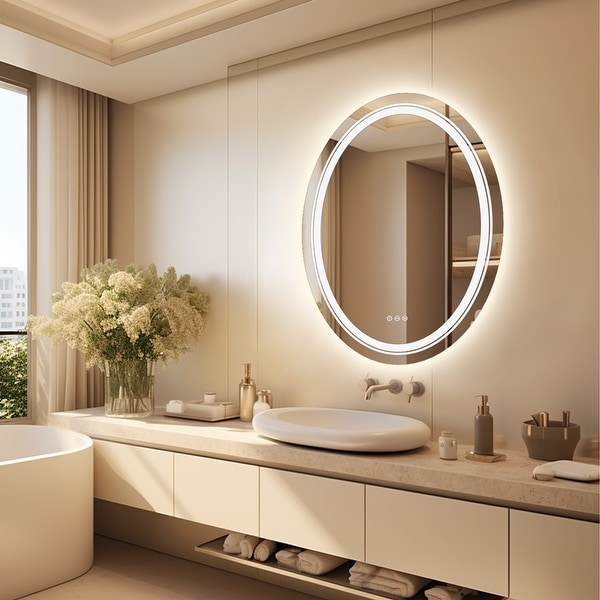 Fliptradeinc Oval Frameless Wall Mounted LED Bathroom Mirror Anti Fog Dimmable 24 x 32 inch