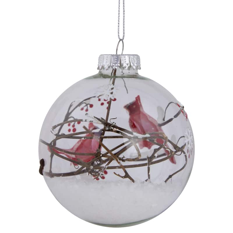 Cardinals Snowy Winter Scene Glass Ball Christmas Ornament - 4" - Red