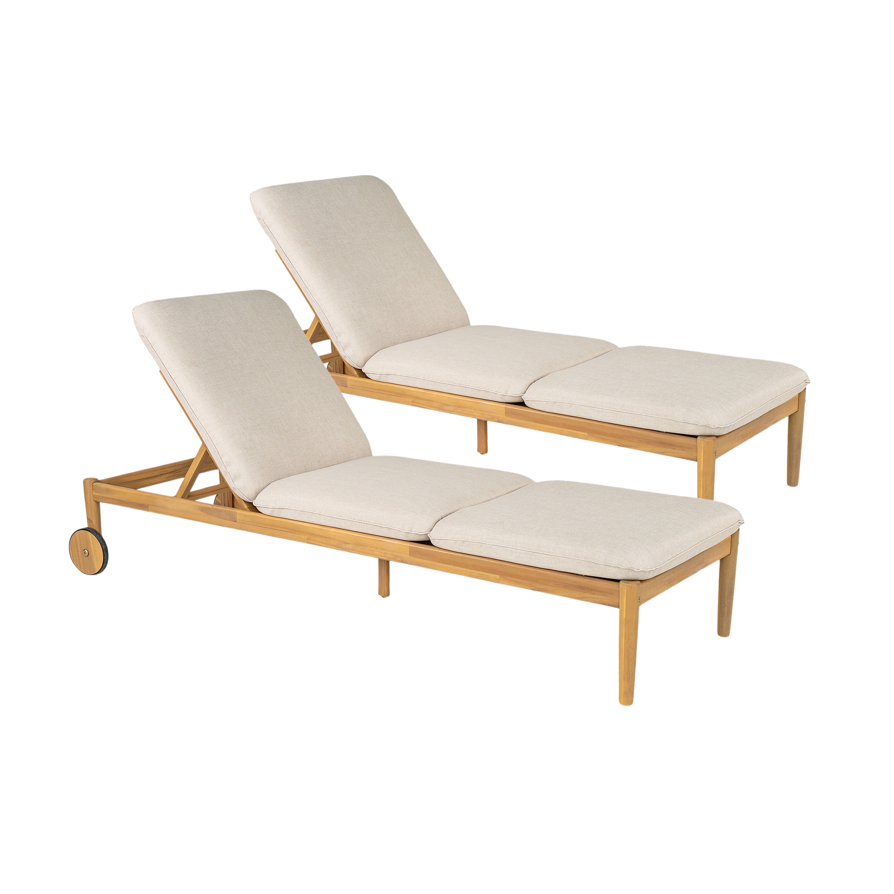 Roomfitters Riviera Outdoor Acacia Wood Chaise Lounge with Wheels and Cushion, Teak Finish Set of 2