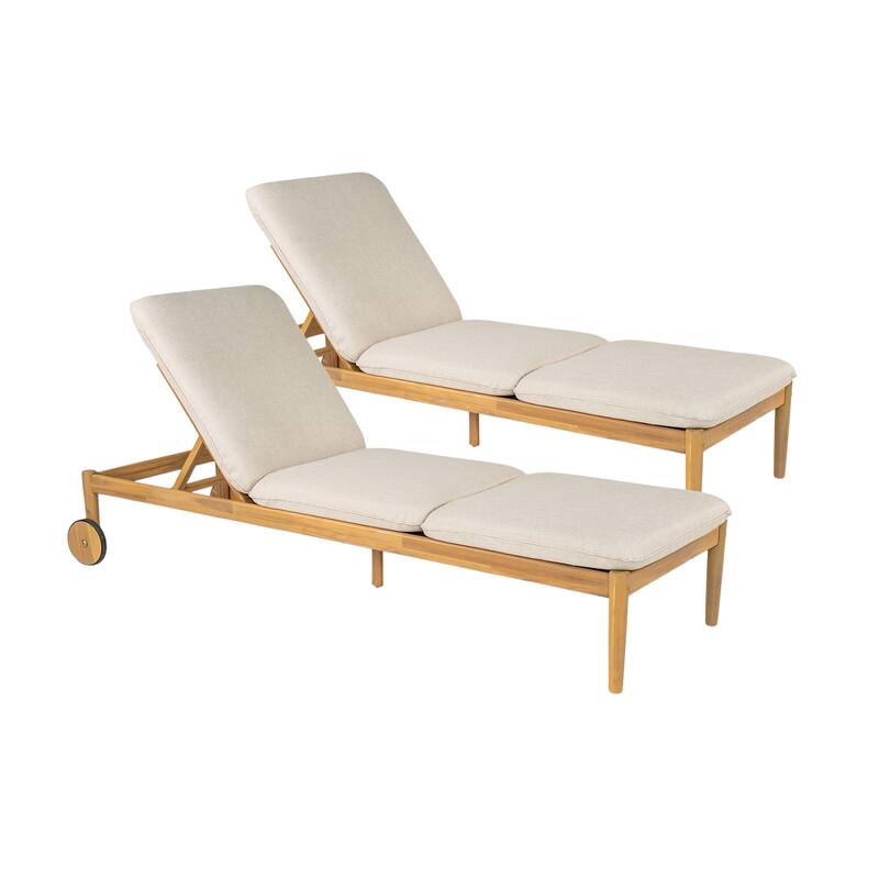 Roomfitters Riviera Outdoor Acacia Wood Chaise Lounge with Wheels and Cushion, Teak Finish Set of 2 - Beige,Light Teak