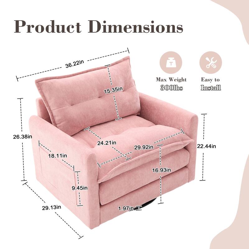 Chenille 360° Swivel Barrel Chair with Memory Foam and Side Pockets