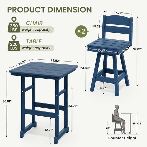 dimension image slide 4 of 5, 3-Piece HDPE Counter Height Bar Set with 2 24.8'' Height Swivel Bar Stools and 29.92'' W Square Bar Table,Pub table sets of 3