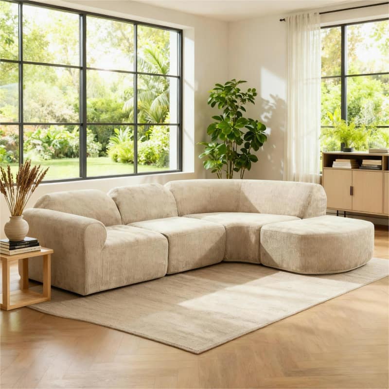 Christopher Knight Home - Modern Upholstered Curved Sectional Sofa with Deep Seat Ottoman