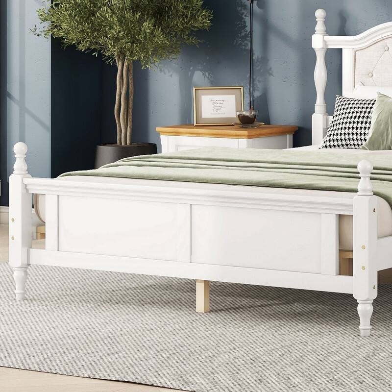Pine Wooden Platform Bed with Upholstered Headboard and Panel Footboard,Queen Size