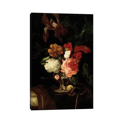 iCanvas "Flowers In An Auricular Silver Vase With A Snail And Butterfly On Draped Ledge" by Willem van Aelst Canvas Print