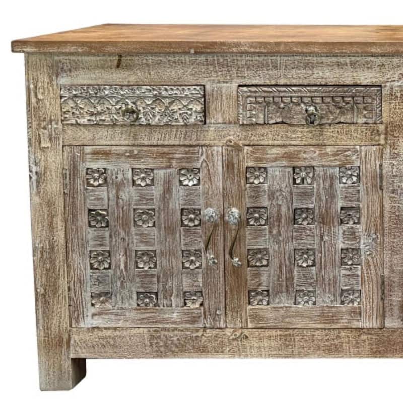 HomeRoots 74" Brown Distressed Solid Wood Carved Floral Four Drawer Sideboard with Four Doors