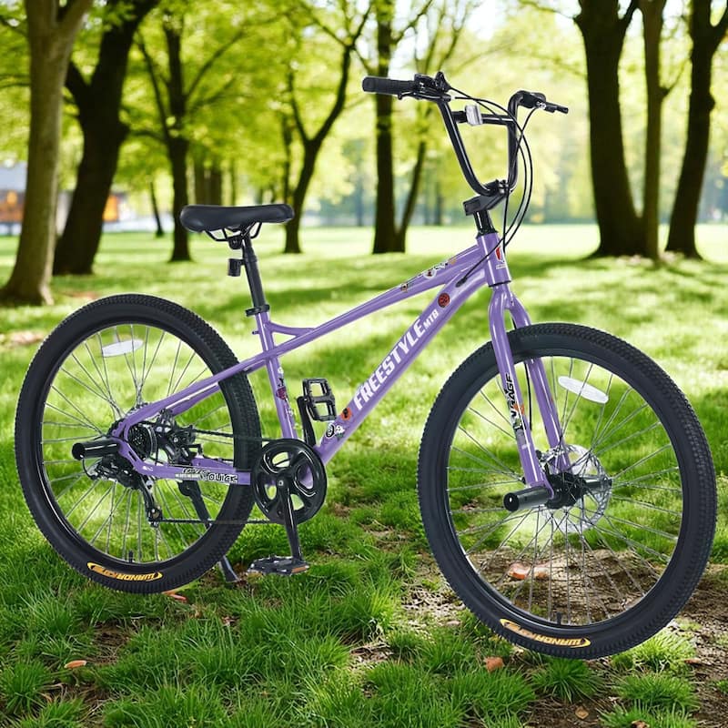 26 Inch Kids Freestyle Mountain Bike, Boys & Girls 12+, Shimano 7-Speed Steel Frame with Dual Disc Brakes - Purple