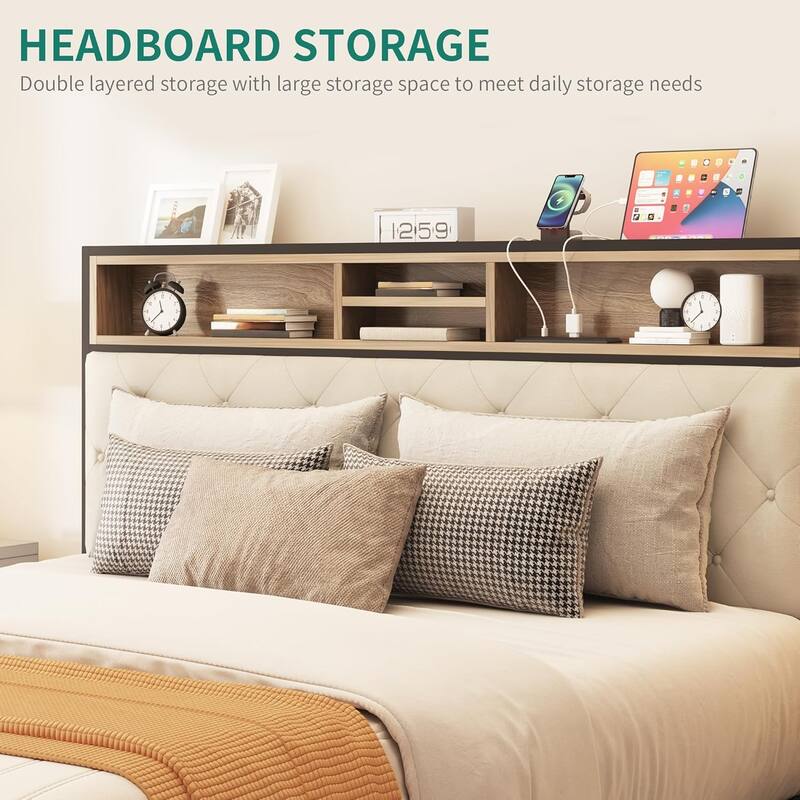Queen Size Bed Frame, Platform Bed Frame with Charging Station, Upholstered Storage Headboard & Footboard Metal Slats Supports