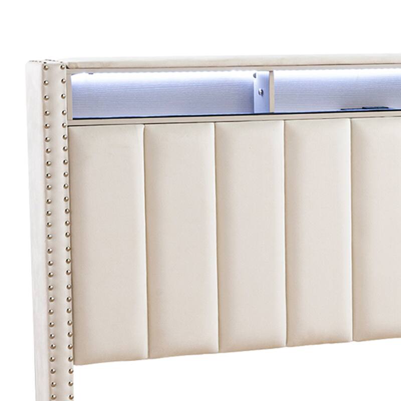 Modern Beige Solid Wood Bed Frame with Open Compartments