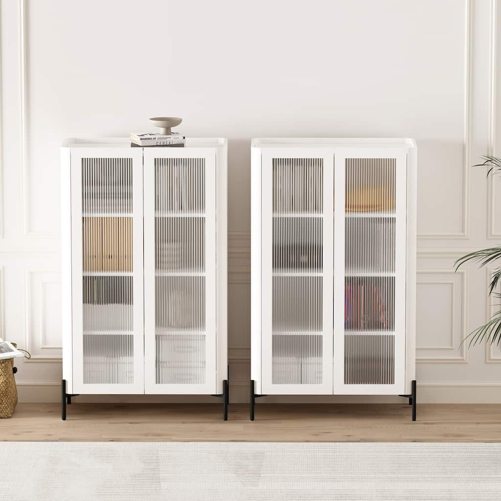 Manhattan Comfort Modern Abbey Décor Ribbed Tempered Glass Cabinet with Adjustable Shelves in White