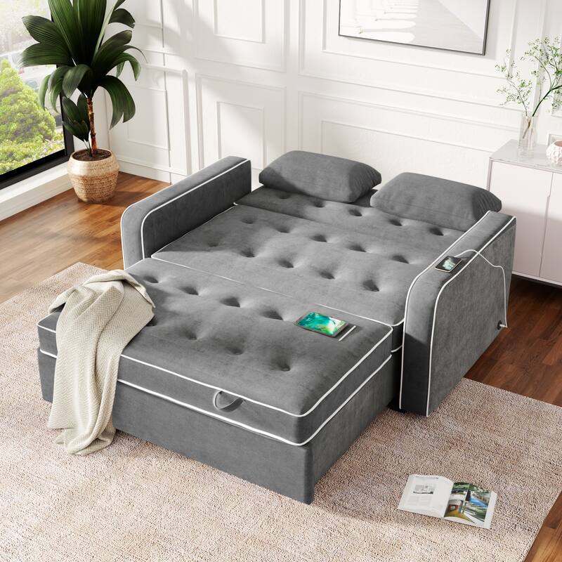 Upholstered Loveseat Pull Out Sofa Bed, Lounge Couch w2 Pillows & 2 USB Port, Adjustable Backrest Futon Sofa Tufted Couch