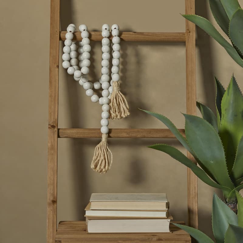 Mango Wood Handmade Round Long Carved Beaded Garland with Tassel - Roche River Decor
