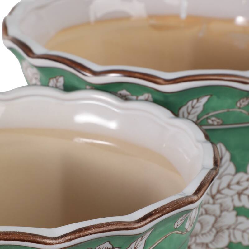 Ceramic Planters Embossed Bird Floral Detailing Scalloped (Set of 2) - 12.25" x 12.25" x 9.5"