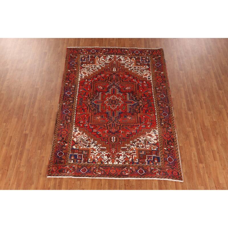 Hand Knotted Oriental 100% Wool Carpet Traditional Medallion Red Heriz Area Rug - 9' 7'' X 6' 9''