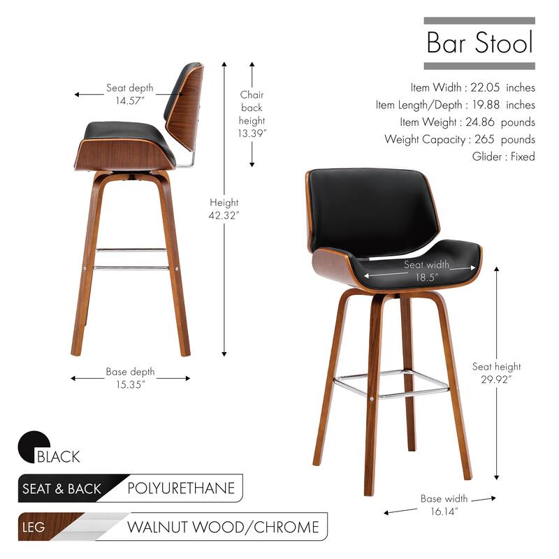 Porthos Home Oma Swivel Bar Stool, PU Leather, Wooden Legs with Footrest