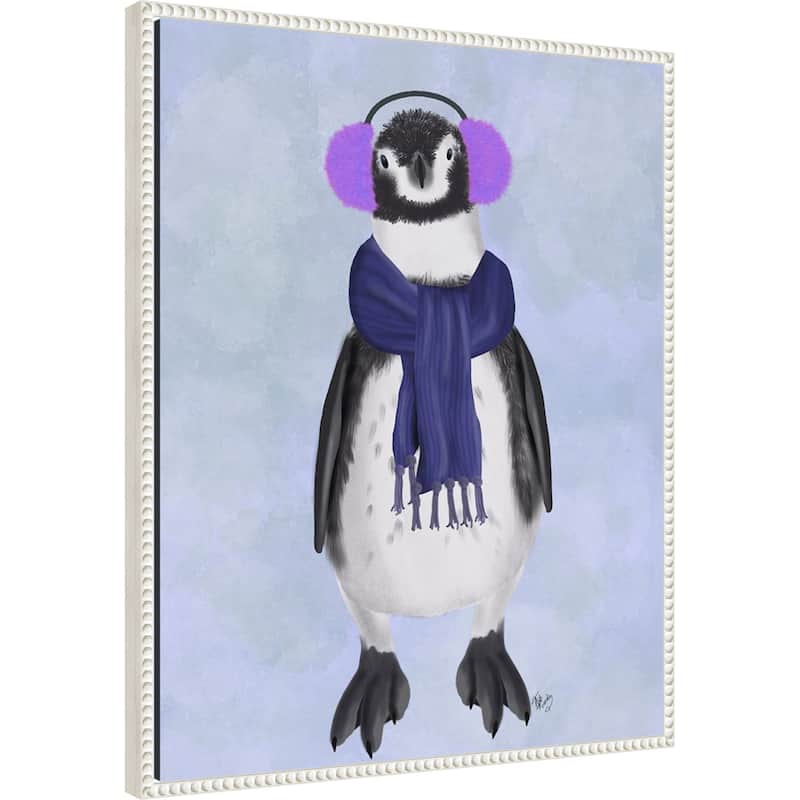 Penguin Ear Muffs by Fab Funky (23 x 28 in.), Framed Canvas Wall Art Print - Sylvie Beaded White