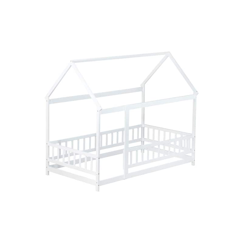 Twin Size Wooden Floor Bed with Roof Frame and Guardrails, Montessori Style Kids House Bed