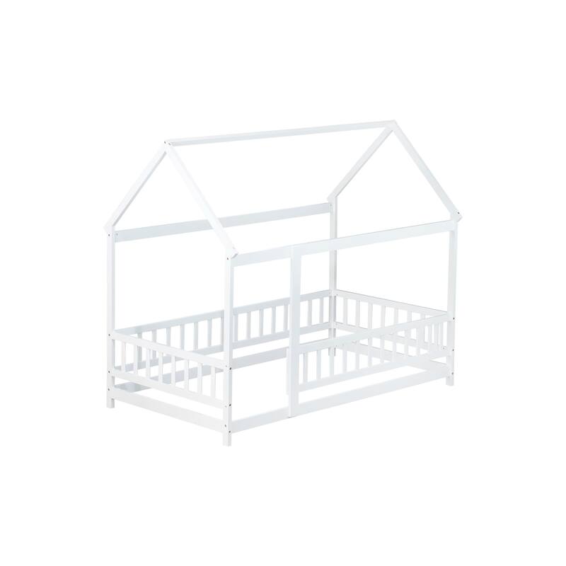Twin Size Wooden House Floor Bed with Roof Frame and Safety Guardrails