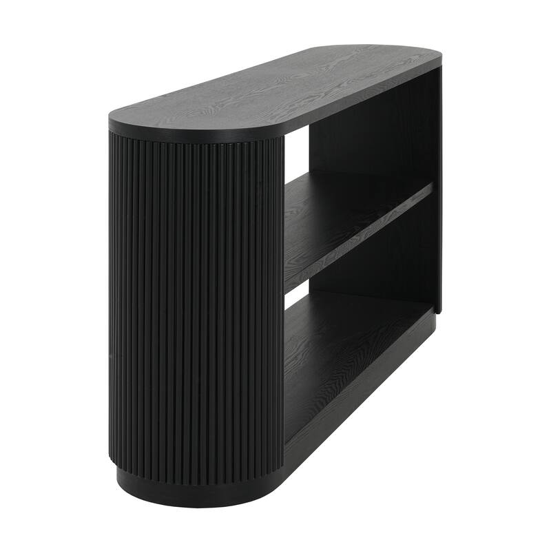58.9" Wooden Entryway Console Table with Triple Tier Open Storage Shelves, Living Room Vertical Striped Sofa Table with Oval Top