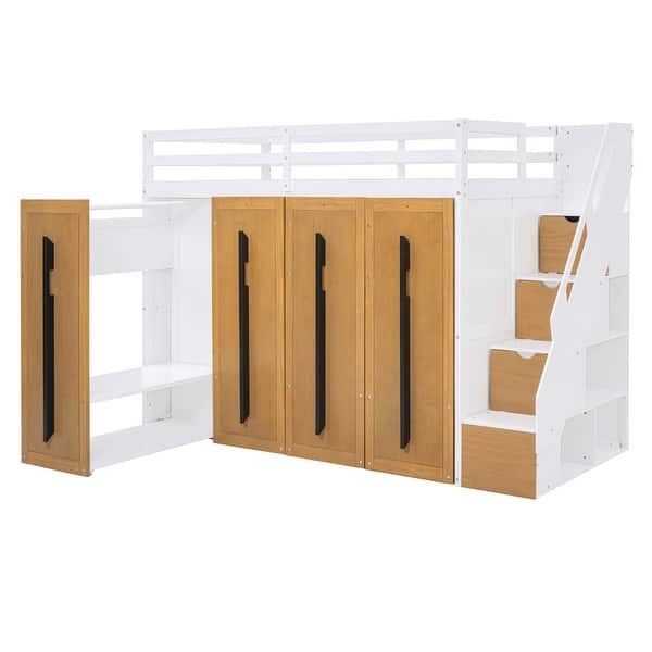 slide 2 of 20, Twin Size Loft Bed with Storage Stairs & 4 Wardrobes Underneath, Space Saving Wooden Loftbed Frame for Kids&Teens Bedroom, White White - Twin