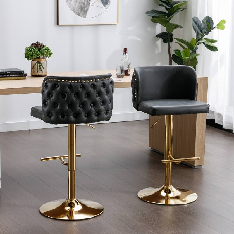 Set of 2 Adjusatble Swivel Bar Stools with PU Leather Tufted Back