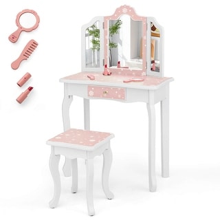 Costway Kids Vanity Table & Stool Set with Cute Polka Dot Print - See Details