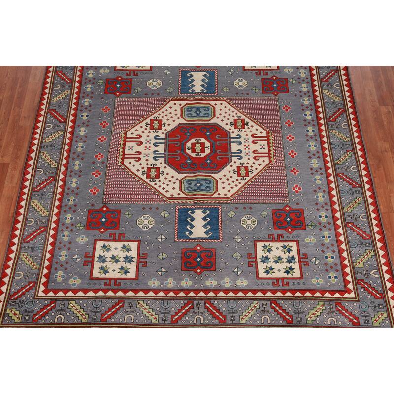 Hand Knotted Oriental 100% Wool Carpet Traditional Medallion Navy Blue & Blues Kazak Area Rug - 9' 7'' X 8' 4''