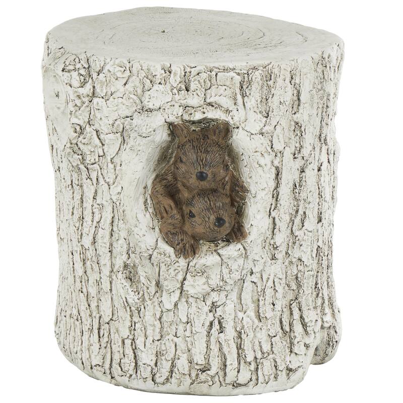 White Magnesium Oxide Tree Trunk Squirrel Garden Stool with Brown Accents