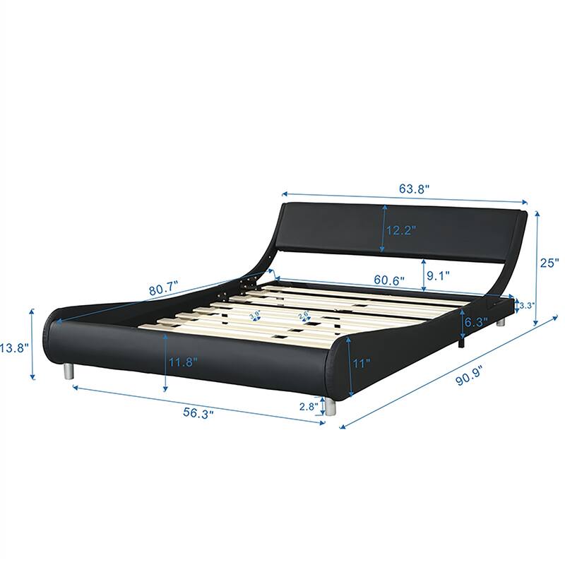 Queen Faux Leather Bed Frame with RGB LED Lighting, Remote/App Control, Wood Slat Support, Curved Design, No Box Spring Need