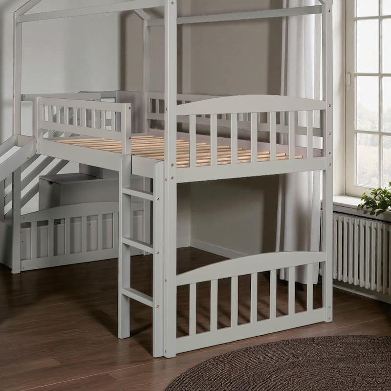Twin Loft Bed with Slide and Storage Steps, House-Style Kids Bed with Two Drawers and Play Area, No Box Spring Needed