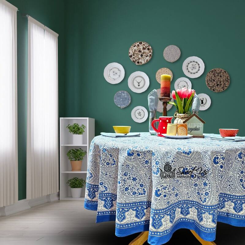 Boho Paisley Floral Block Print Cotton Tablecoth Collection - 72-in Round